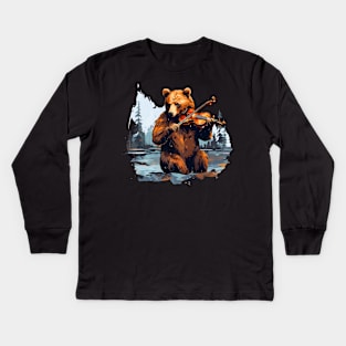 Grizzly Bear playing violin Kids Long Sleeve T-Shirt